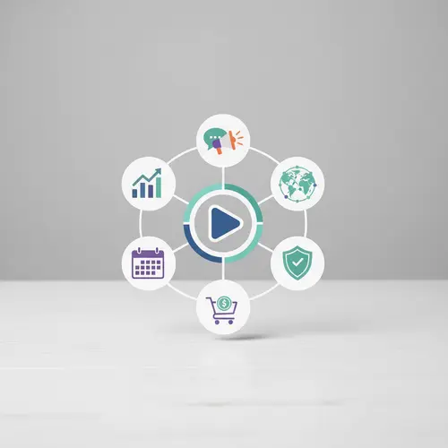 תרשים אסטרטגיה עסקית עם כפתור הפעלה, אייקוני שיווק וצמיחה