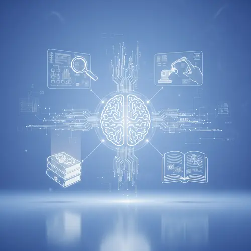 מוח דיגיטלי מחובר לאייקוני בינה מלאכותית רובוטיקה ניתוח נתונים וידע