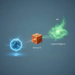 איור המתאר את השלבים בבינה מלאכותית: AGI, בינה מלאכותית צרה ובינת-על (ASI)